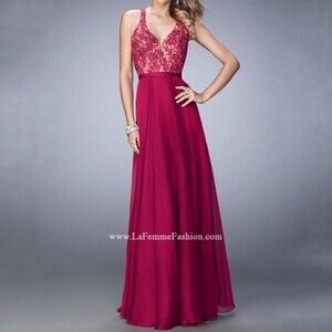 𝅺LA Femme 22186 fuschia floral lace racer back cutout chiffon maxi dress